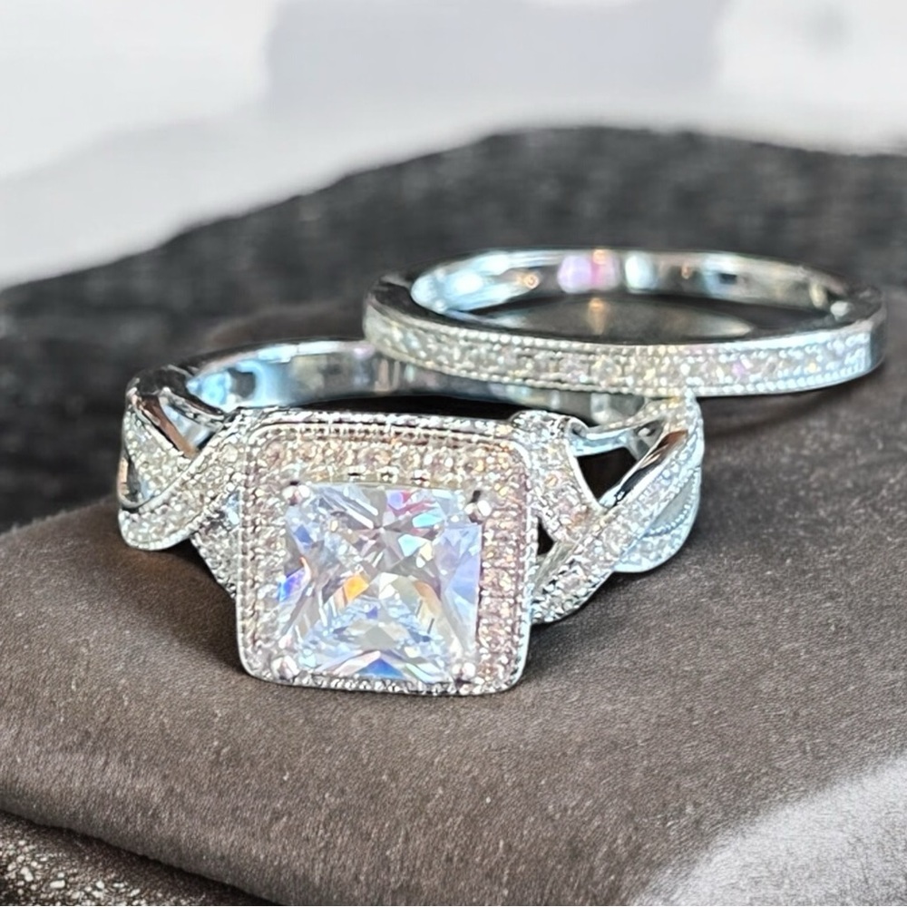 NEW Silver Tone Square Halo Ring Set Size 8 Bridal Fashion Jewelry Swarovski
